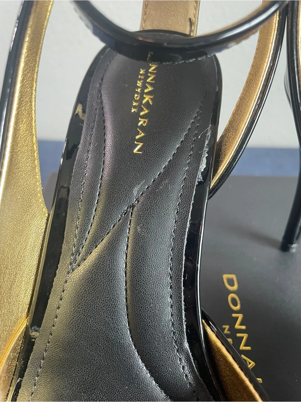 Donna Karan - Somerset - Black Patent Peep-Toe Ankle-Strap Heels with Gold Trim
